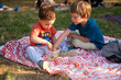 © Jelena Jojic Tomic/Stocksy - Children are having a healthy snack while eating outdoors on a picnic