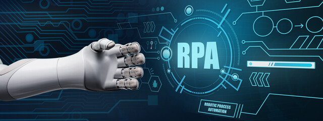 Hand of robot and text RPA on virtual screen