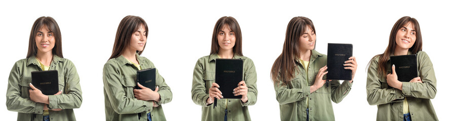 Wall Mural - Set of young woman with Bible isolated on white