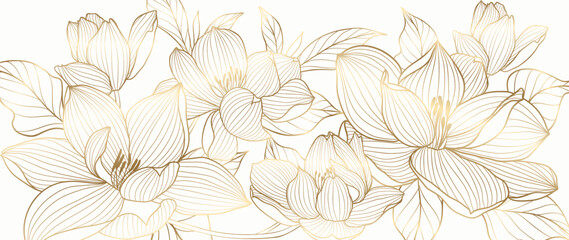 Wall Mural - Golden floral line art vector background. Luxury watercolor wallpaper with white flowers, leaves and branch in hand drawn. Elegant botanical design for banner, invitation, packaging, wall art.