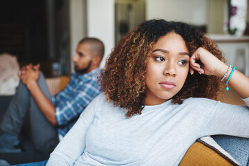Poster - Unhappy couple and sad woman upset after argument or conflict with her man on home sofa. Angry girlfriend or female thinking about disagreement or ignoring partner, tired of relationship problems.