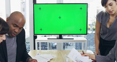 Sticker - Chroma key blank green screen and copyspace of a monitor with tracking markers in an office business meeting. Busy corporate team working together on data. Modern workers planning a teamwork project