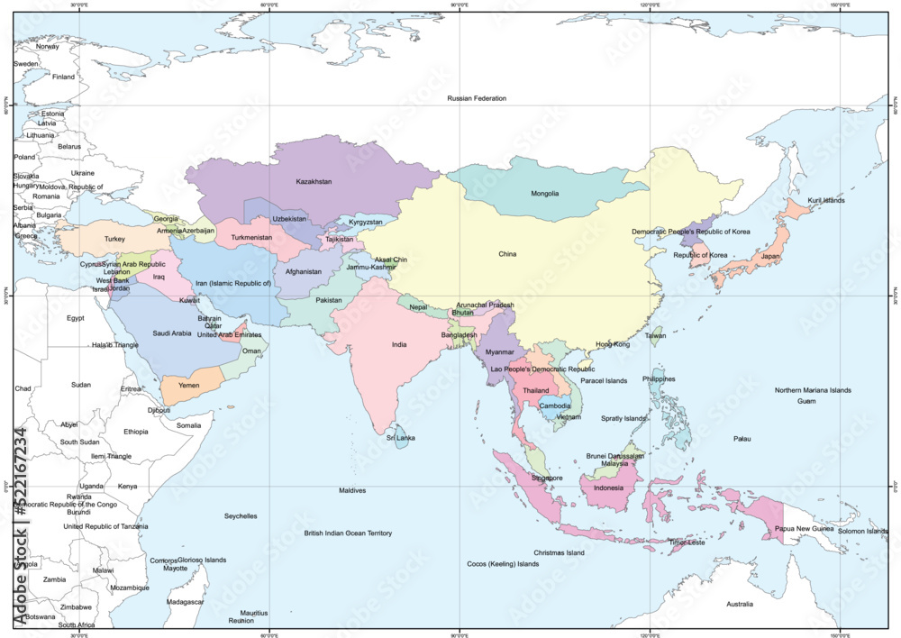 Map of state administration in parts of the Asia continent, custom map ...