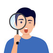 Man holding magnifying glass with surprising face in flat design on white background. Guy looking for something.