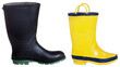 Black wellington boot with thick green sole and child's yellow boot with handles