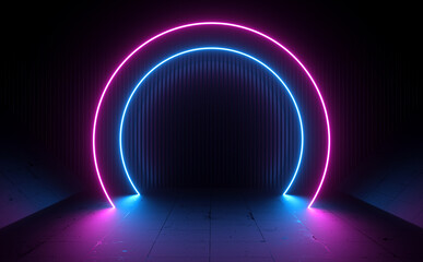 Wall Mural - 3d Rendering Sci Fi Neon Futuristic Circle Glowing Led Laser Empty Stage Presentation Party, Illustration Technology