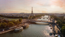 Paris Panorama, France, Sunset Cityscape Of Eiffel Tower, Seine River