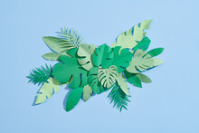 Paper Cut Style Of Palm Leaves And Fresh Fruits. Creative Layout 