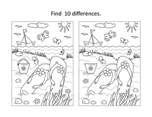 Wall Mural - Summer vacation find the differences picture puzzle and coloring page
