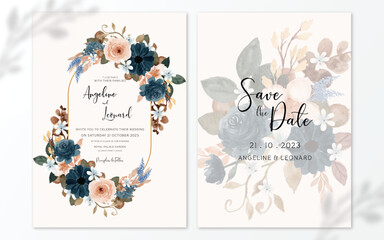 Set of Rustic Blue Watercolor Floral Wedding Invitation