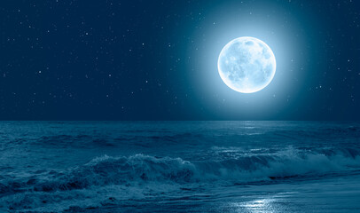Wall Mural - Night sky with blue moon in the clouds sea wave in the foreground 