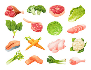 Wall Mural - Vector set of meats and vegetables in cartoon style. Healthy food illustration