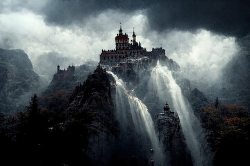 Painting of a castle on top of a mountain above a waterfall.