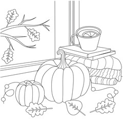 Fall coloring page with pumpkin tea on window. Illustration of autumn season. Mug on books.