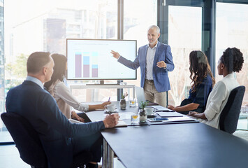 Aufkleber - Sales manager gives a presentation on marketing and brand strategy in a boardroom meeting. Successful, corporate and mature male leader points to a graph on the monitor screen to show the planning
