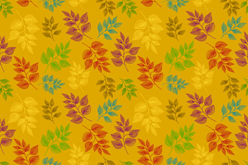 Wall Mural - Vintage trendy seamless pattern wind blow leaves and botanical elements Isolated on yellow background