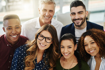 Aufkleber - Diverse group of smiling creative designers looking confident, happy and cheerful after a successful meeting in office. Portrait of ambitious team of entrepreneurs ready for success in global startup