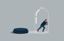 Businessman Inside The Glass Try To Push So Hard To Break Boundary. Business Constraints Or Stagnant, Prohibition Or Difficulty Prevent From Improvement Or Success.