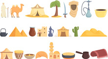 Bedouins Icons Set Cartoon Vector. Arab Desert. Ancient Market