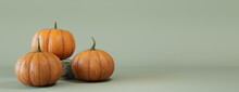 Seasonal Background Banner With Copy-space. Trio Of Pumpkins On Grey Green Color. Autumn Concept.