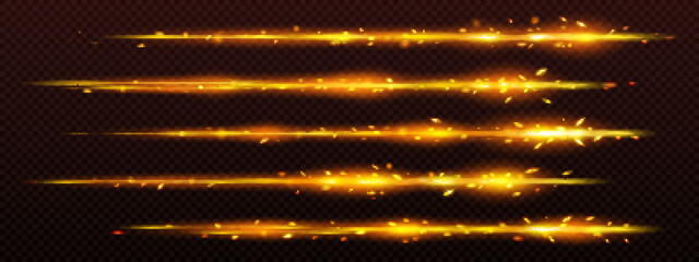 Wall Mural - fire trails with sparks, abstract bright glow lines. vector realistic set of flame streaks, horizont