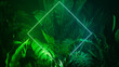 © RocknRoller Studios - Tropical Leaves Illuminated with Blue and Green Fluorescent Light. Jungle Environment with Diamond shaped Neon Frame.