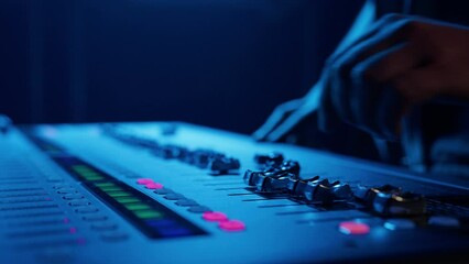 Wall Mural - Close-up of a male DJ's hands during equipment setup