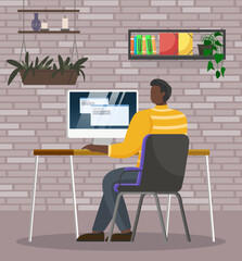 Wall Mural - Guy with computer sitting at table at home or at office workplace. Man using website for watching video or training courses, working online, freelancing. Male character selects online tutorial