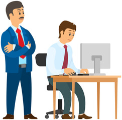 Poster - Boss gives instructions to subordinates at workplace, work of department, company. Group of clerks at computer. Managers, colleagues, office workers. Characters busy, people works with laptop