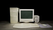 © Bobby - Old dirty computer with vintage monitor sitting on a dark table on a black background. With a vintage mouse, mousepad and keyboard. Next to a vintage old audio speaker. 3D rendering