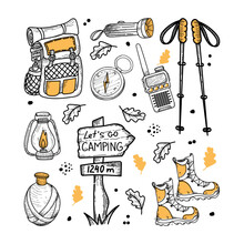 Camping Kit With Hand-drawn Doodle-style Elements. Backpack, Flashlight, Water Bottle, Walking Sticks, Walkie-talkie, Etc. Items For Tourism And Recreation. Isolated Element On A White Background.