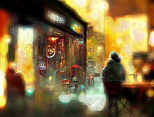 8K Blur Matte Painting Beautiful Street Caffe Scene In Night, Street Caffe In Night Water Color Drawing, This Image Has Been Deliberately Blurred And Out Of Focus