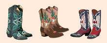Set Of Different Cowgirl Boots - Turquoise, Brown, Red  And Blue. Traditional Western Cowboy Boots Decorated With Embroidered Floral Ornament. Realistic Vector Art Illustrations Isolated.