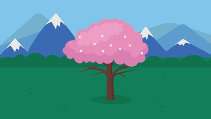 Sticker - sakura tree against the backdrop of mountains