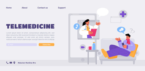  Telemedicine banner. Concept of online healthcare consultation, virtual meeting with medic. Vector landing page of telehealth service with flat illustration of physician on phone screen and patient