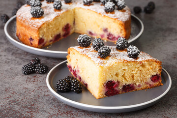 Canvas Print - Piece of cake with fresh blackberries and powdered sugar close-up in a plate on the table. Horizontal