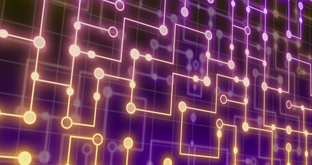 Image of neon integrated circuit on violet background