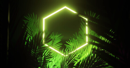 Wall Mural - Image of leaves over yellow neon hexagon on black background