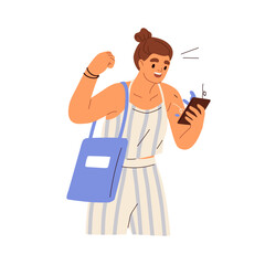 Wall Mural - woman celebrate victory in game, holding mobile phone in hands. happy person winner with smartphone,