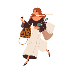 Wall Mural - Fashion girl running with shopping bags, purse and coffee cup in hands. Modern young woman hurrying, rushing for sales. Fast lifestyle concept. Flat vector illustration isolated on white background