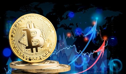 Wall Mural - Classic Bitcoin cryptocurrency with candle stick graph chart and digital background.