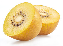 Golden Kiwi Fruit Slices Isolated On White Background.