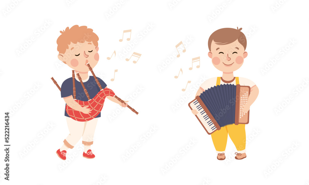 Set of adorable kids playing musical instruments. Cute boys playing ...