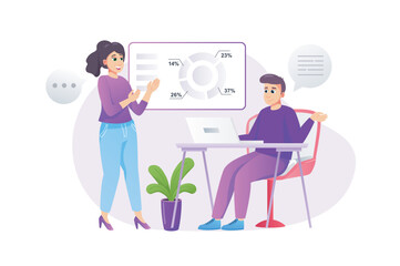 Aufkleber - Business meeting concept in flat style with people scene. Man and woman discuss financial data and generate ideas in conference room. Colleagues work in office. Vector illustration for web design