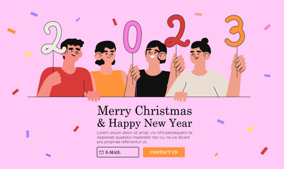 Merry Christmas and happy new year banner, flyer, web page with people have fun and celebrate winter holidays together. Corporate christmas party with smiling company office team or employees.