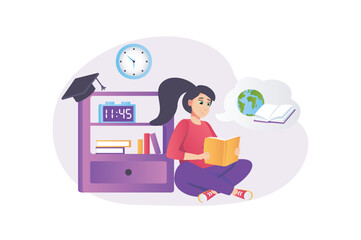 Fototapete - Learning process concept in flat style with people scene. Happy woman reading book and gains knowledge, studies at school or college, receives graduate diploma. Vector illustration for web design