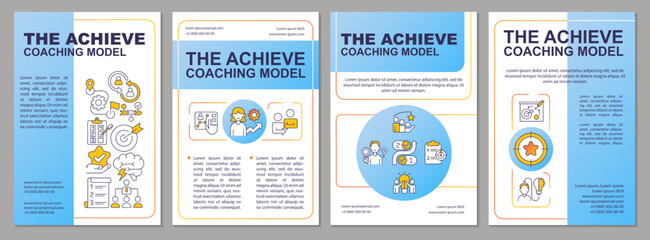 Achieve model in mentoring brochure template. Executive leader skill. Leaflet design with linear icons. Editable 4 vector layouts for presentation, annual reports. Arial, Myriad Pro-Regular fonts used