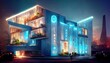 © Zaleman - Modern smart home, against the background of high-rise buildings, a colorful illustration of new houses. A conceptual futuristic modular house of the future. 3D artwork