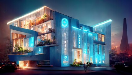 Fototapete - Modern smart home, against the background of high-rise buildings, a colorful illustration of new houses. A conceptual futuristic modular house of the future. 3D artwork