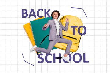 Poster - Composite collage picture of excited delighted boy celebrate back to school isolated on checkered copybook background